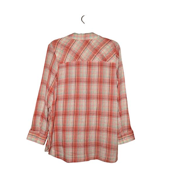 SOFT SURROUNDINGS $89 Lani Shores Guaze Cotton Plaid Lace Button-Up Tunic Large - Picture 2 of 5
